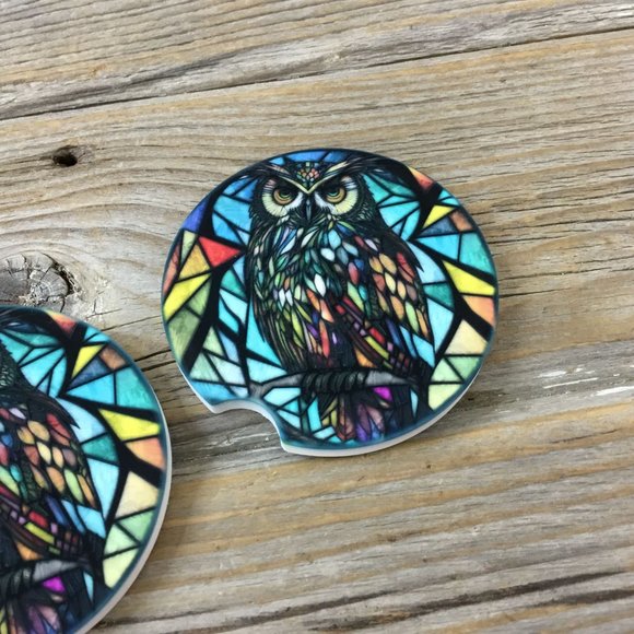 Owl Faux Stained Glass Car Coasters - Set of 2 - Picture 3 of 7